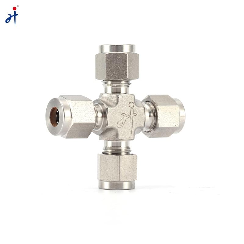 Cross-Type Tube Fitting with Dual Ferrules